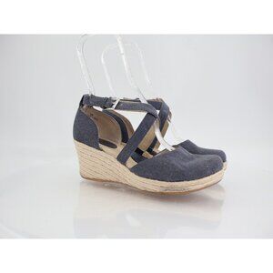 BOC Born Shoes Womens 8 M Bree Cross Ankle Strap Wedge Espadrille Blue Fabric